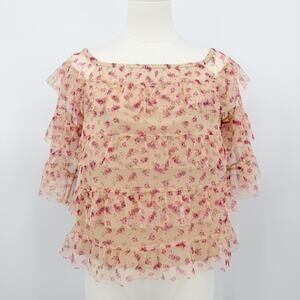 Express Sheer Floral Mesh Tiered Ruffle Top Pink Cream Romantic Fairy Grunge S